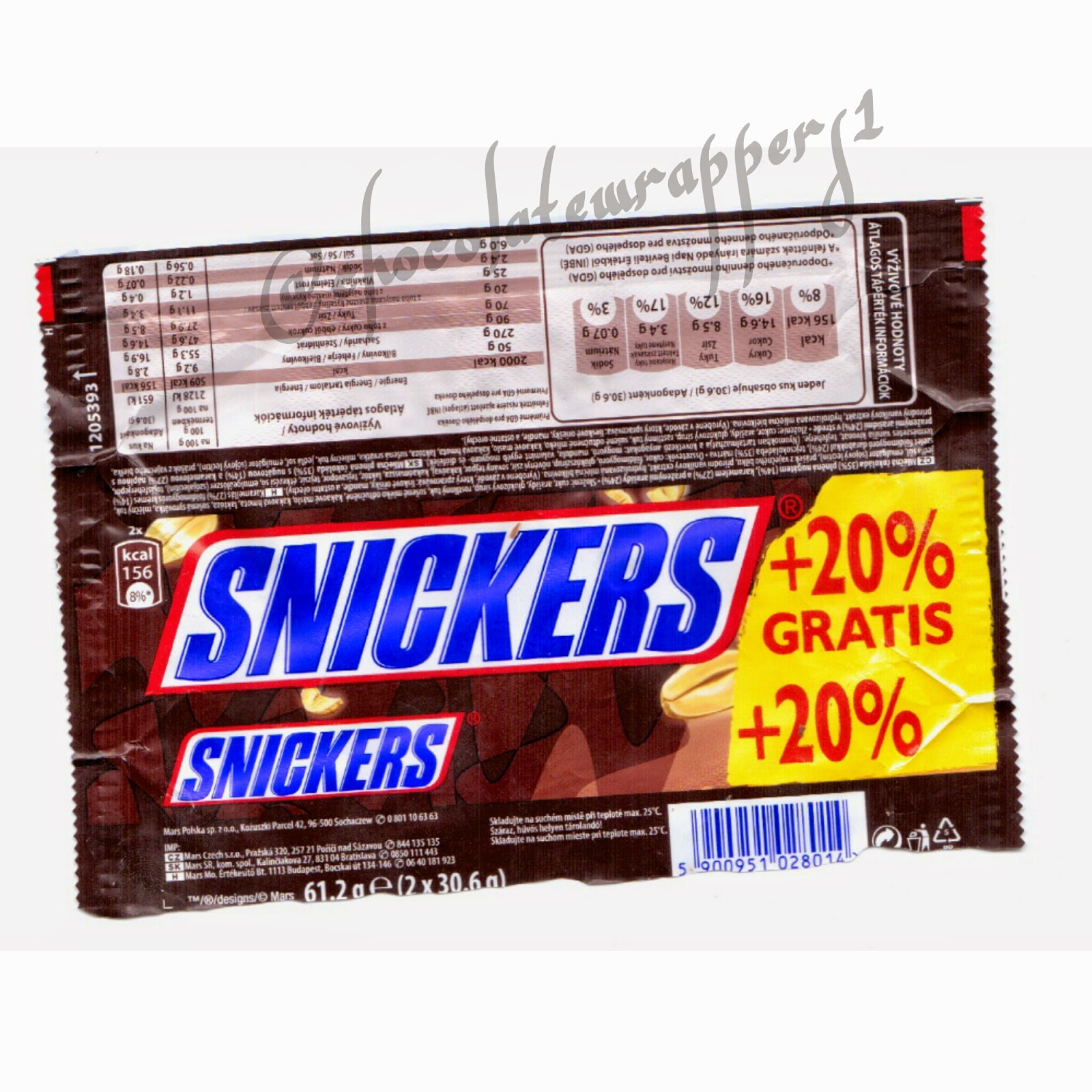 My chocolate wrapper collection: Snickers 61,2g 20% gratis by Mars